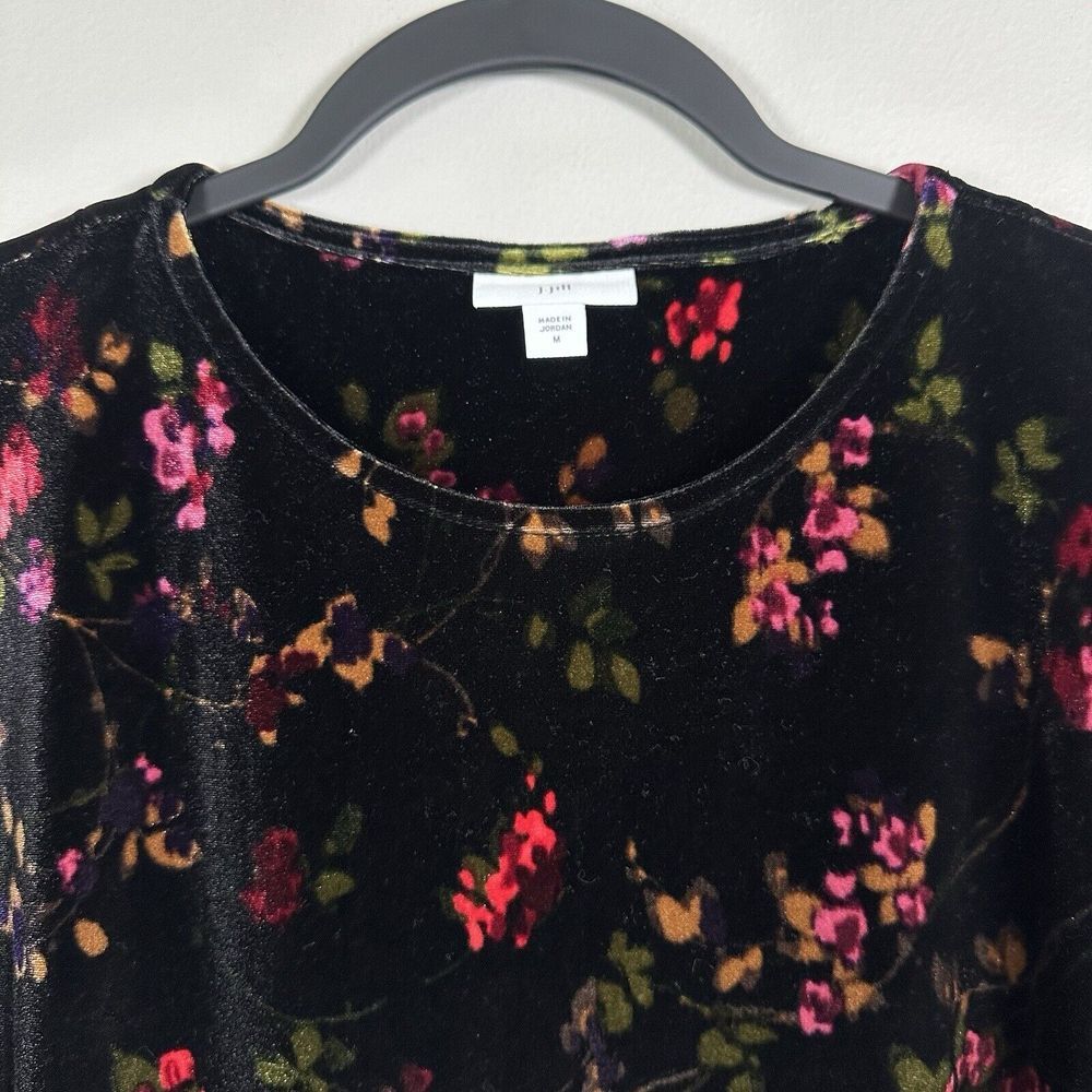 J.Jill Medium Black Red Pink Floral Velour 3/4 Sleeve Top - Picture 2 of 5